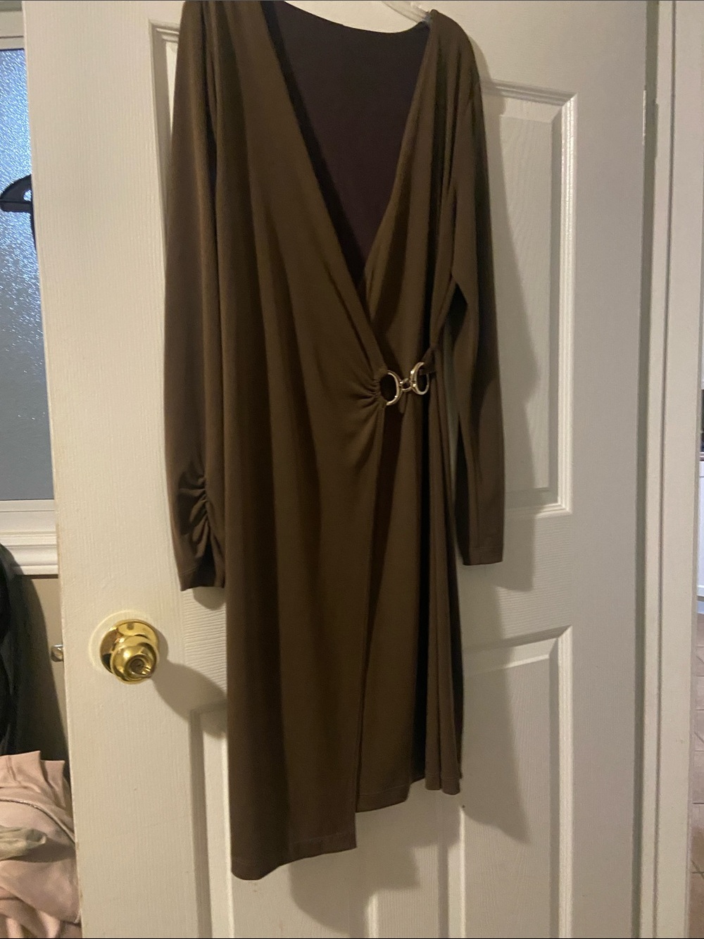 Elegant Brown Wrap-Style Long Sleeve Dress